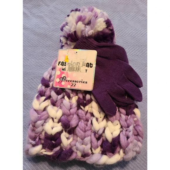 One-Size Purple Knitted Bobble Beanie Hat with Pom Pom & Gloves (VA1) - Picture 1 of 5